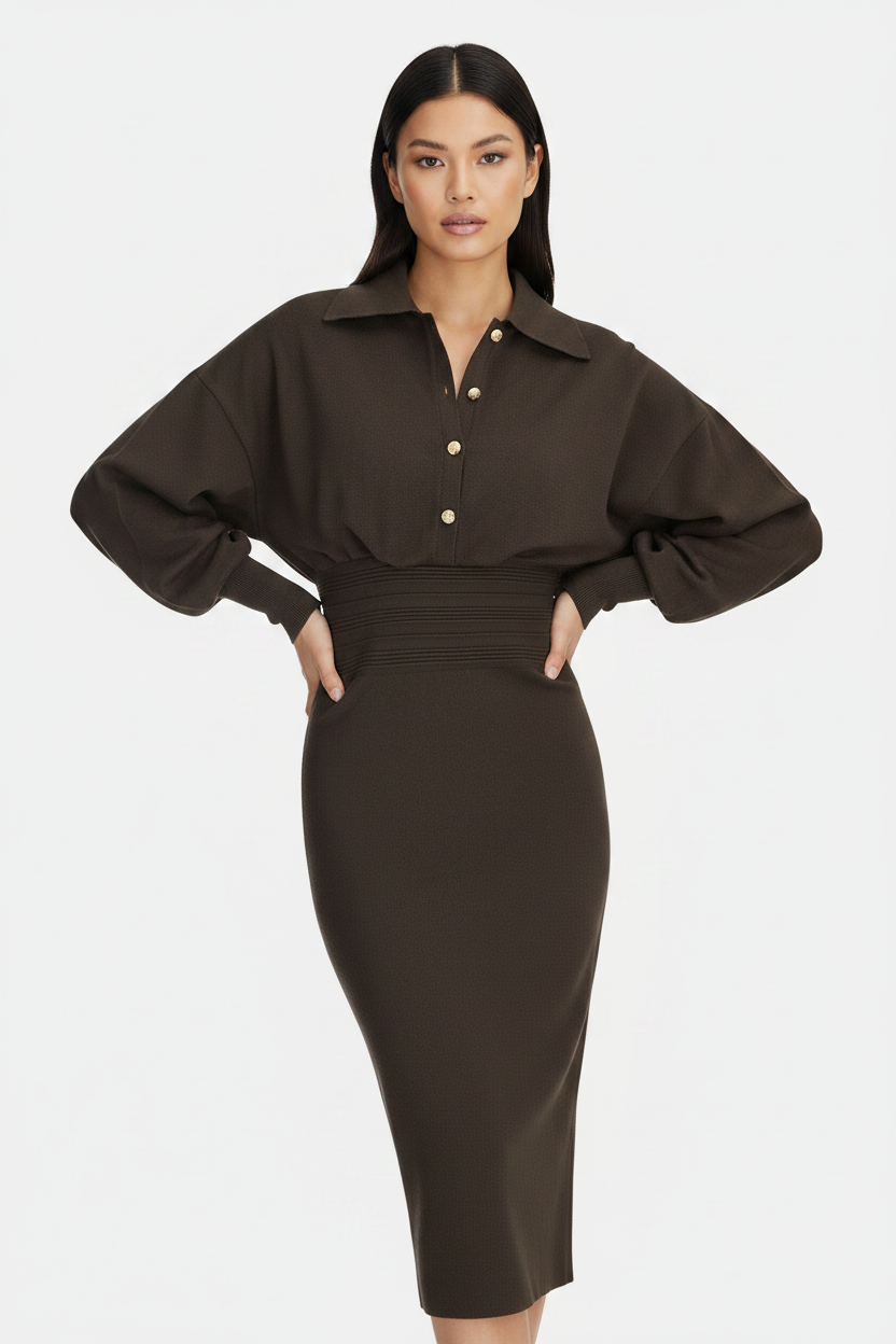 Studio model shoot - brown midi dress full frame