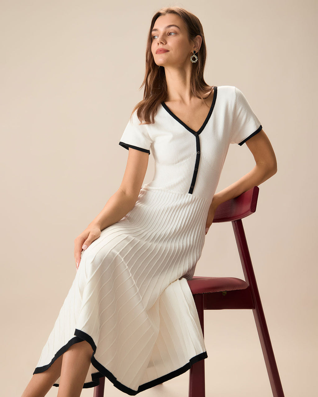 Polar Contrasting Sweater Midi Dress In White