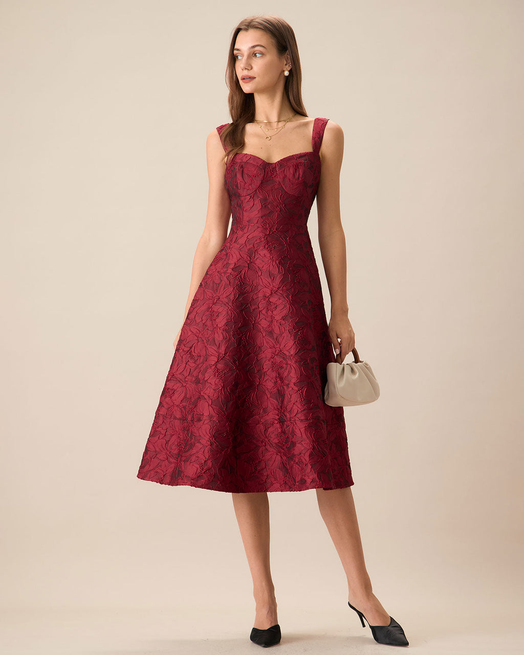 Scarlet Sweetheart Jacquard Midi Dress In Red