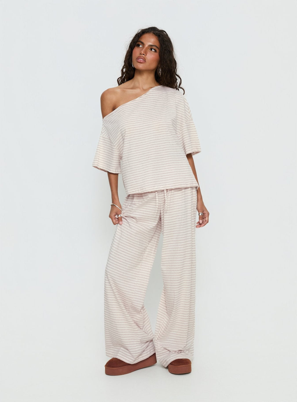 Cozy Off Shoulder Striped Sleepwear Set