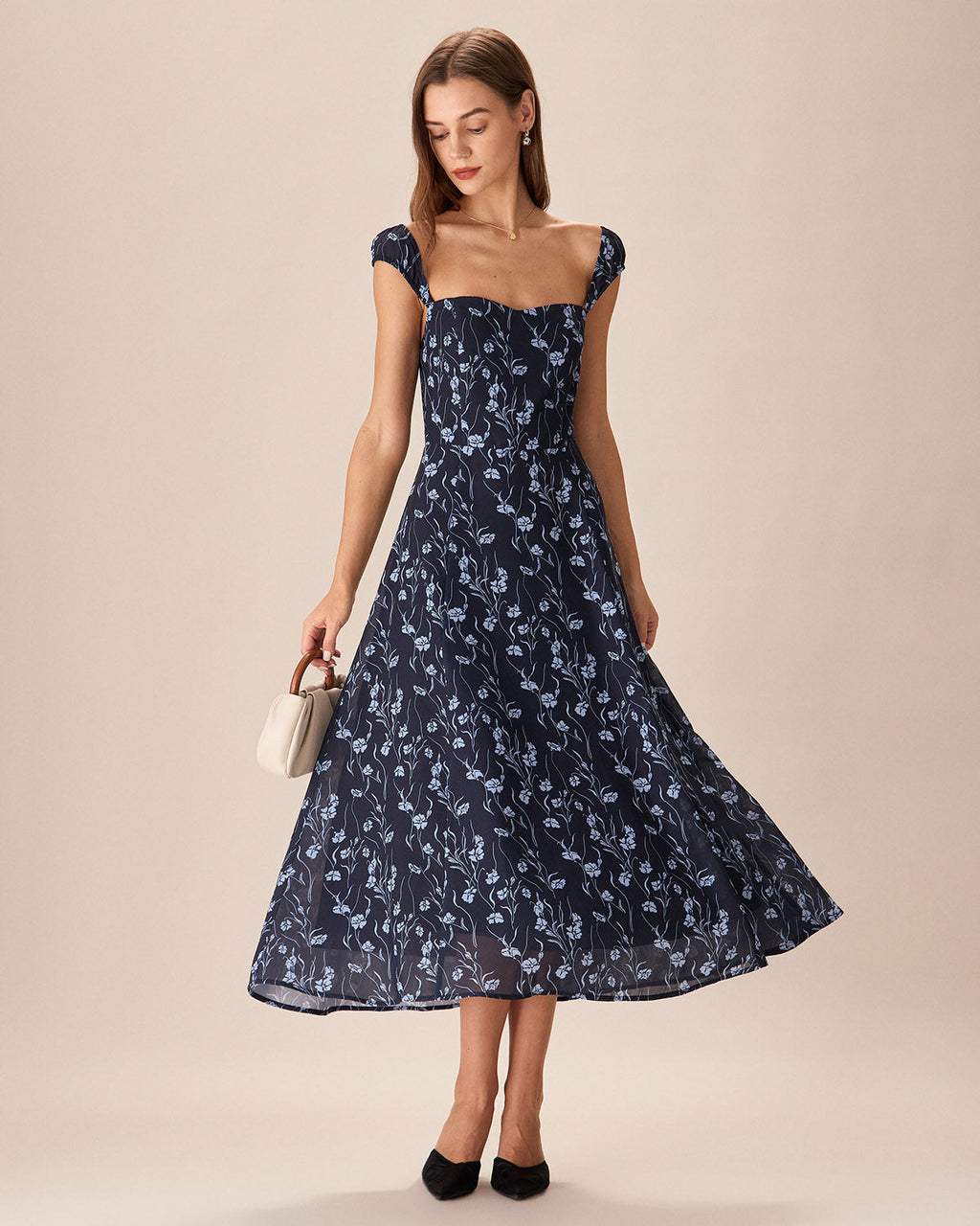 Fiery Floral Sweetheart Neck Midi Dress