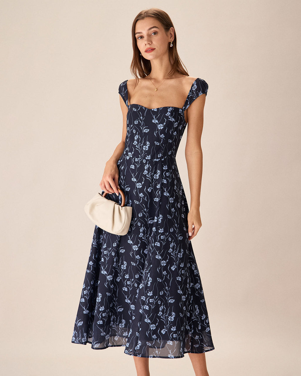 Fiery Floral Sweetheart Neck Midi Dress
