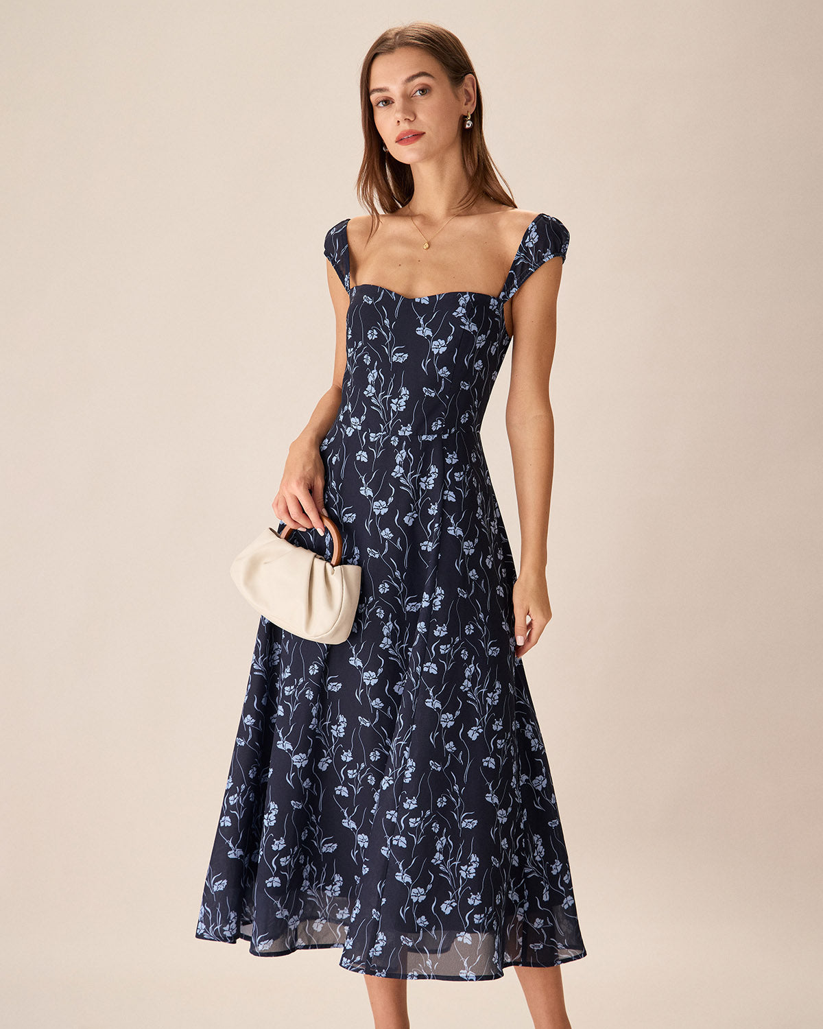 Fiery Floral Sweetheart Neck Midi Dress