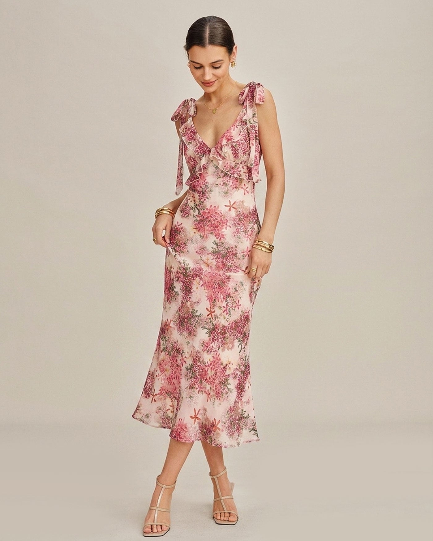 Rosa Garden Ruffle Tie Strap Midi Dress