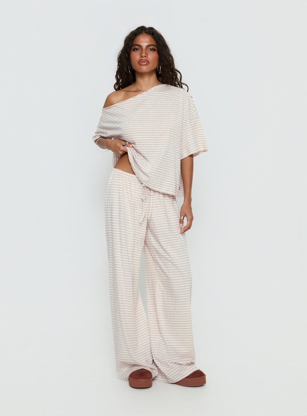 Cozy Off Shoulder Striped Sleepwear Set
