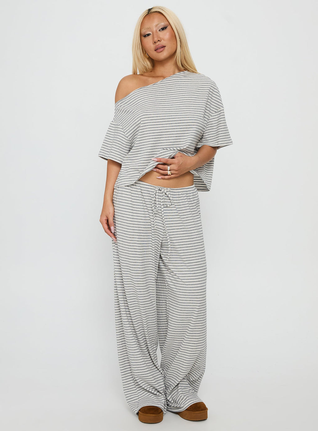 Cozy Off Shoulder Striped Sleepwear Set