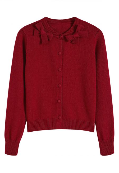 Classy Bow-Trimmed Buttoned Knit Cardigan in Red