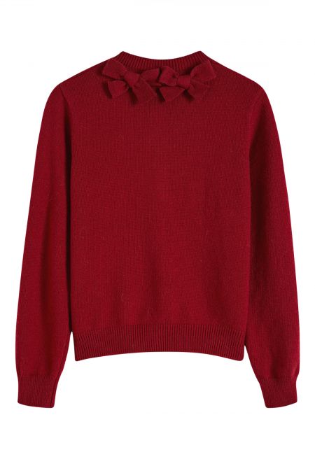 Classy Bow-Trimmed Buttoned Knit Cardigan in Red