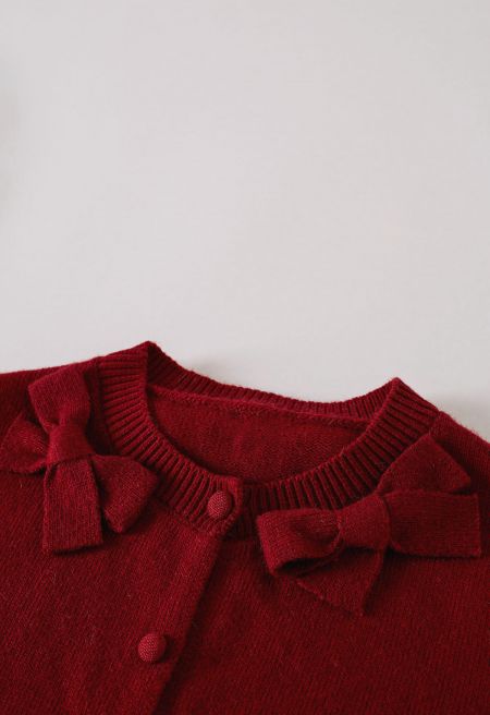 Classy Bow-Trimmed Buttoned Knit Cardigan in Red