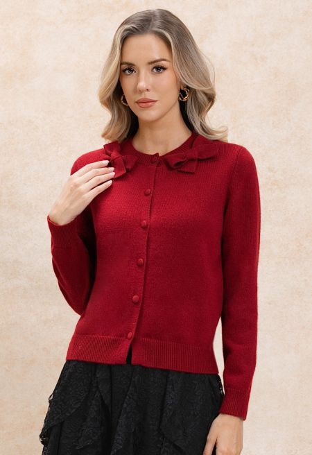 Classy Bow-Trimmed Buttoned Knit Cardigan in Red
