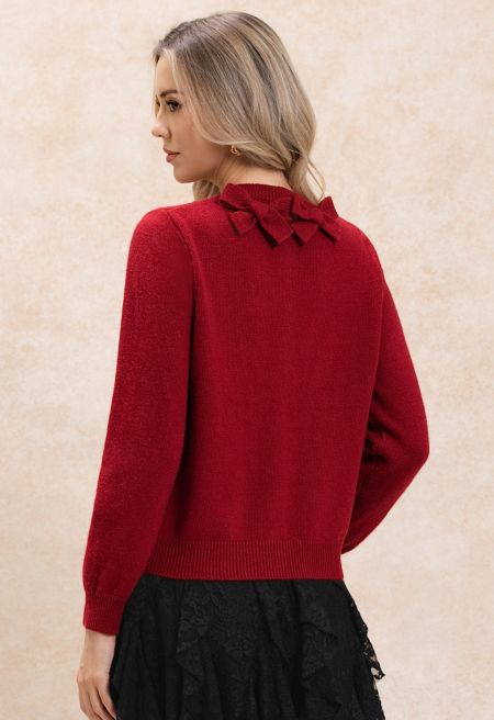Classy Bow-Trimmed Buttoned Knit Cardigan in Red