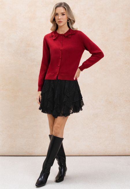 Classy Bow-Trimmed Buttoned Knit Cardigan in Red