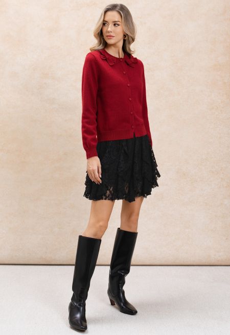 Classy Bow-Trimmed Buttoned Knit Cardigan in Red