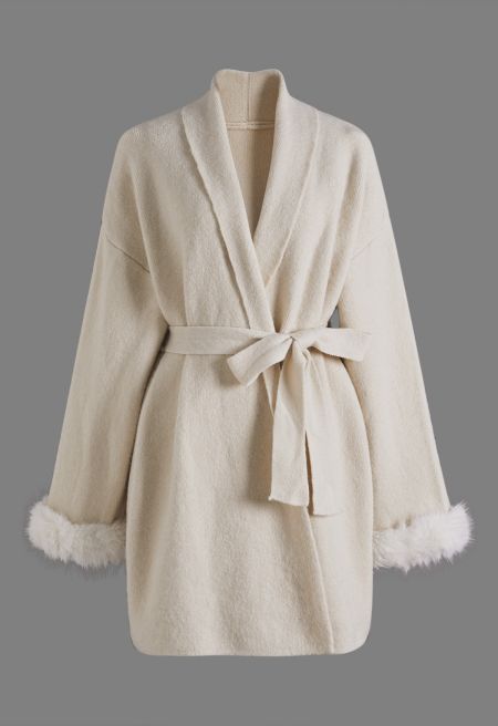 Riviera Shawl Collar Faux Fur Belted Knit Coat