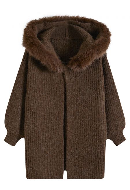 Stylish Faux Fur Hooded Long Knit Coat