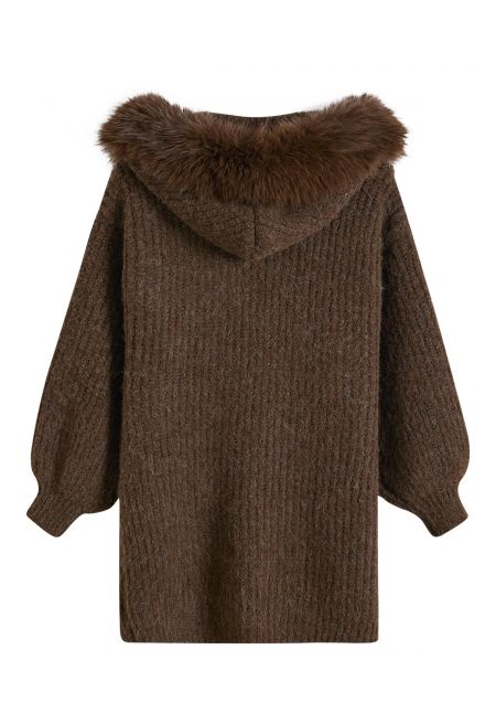 Stylish Faux Fur Hooded Long Knit Coat