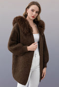 Stylish Faux Fur Hooded Long Knit Coat