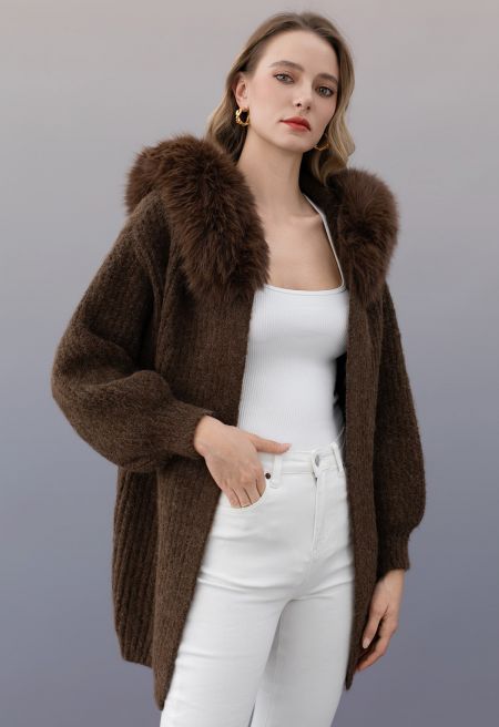 Stylish Faux Fur Hooded Long Knit Coat