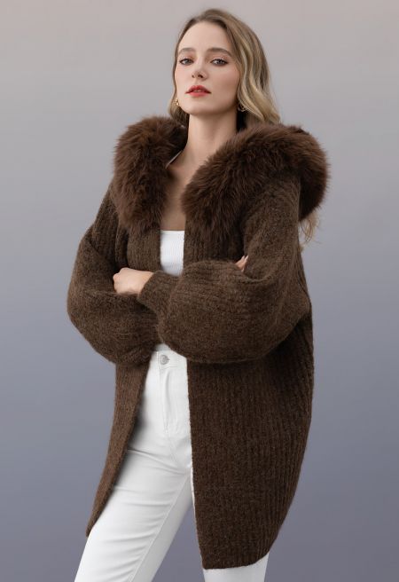 Stylish Faux Fur Hooded Long Knit Coat