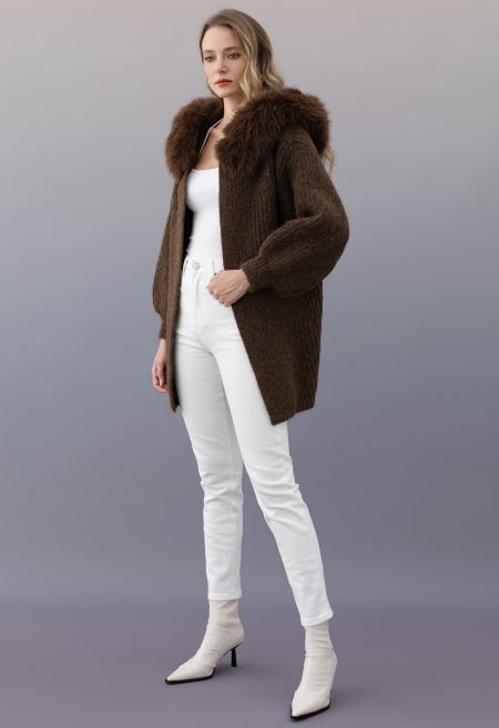 Stylish Faux Fur Hooded Long Knit Coat