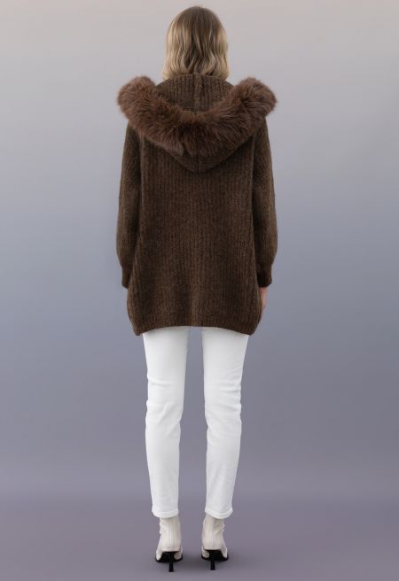 Stylish Faux Fur Hooded Long Knit Coat