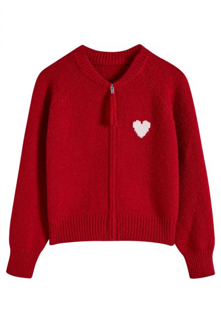 Lover Zip-Up Crew Neck Knit Cardigan in Red