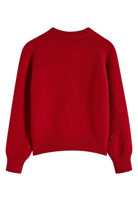 Lover Zip-Up Crew Neck Knit Cardigan in Red