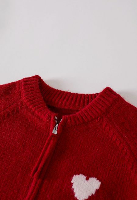 Lover Zip-Up Crew Neck Knit Cardigan in Red