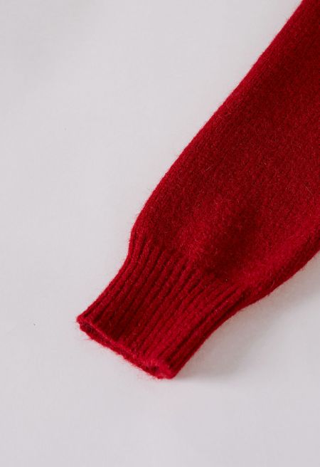 Lover Zip-Up Crew Neck Knit Cardigan in Red