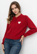 Lover Zip-Up Crew Neck Knit Cardigan in Red
