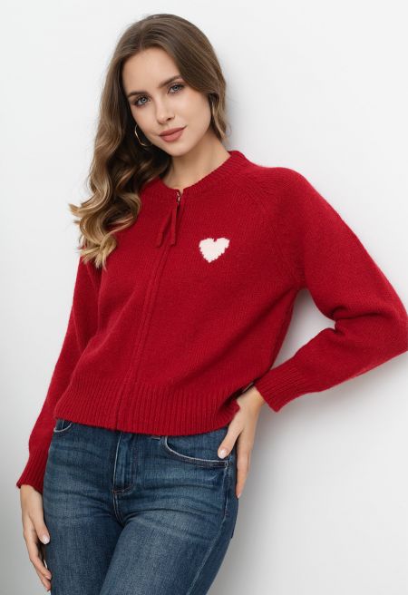 Lover Zip-Up Crew Neck Knit Cardigan in Red