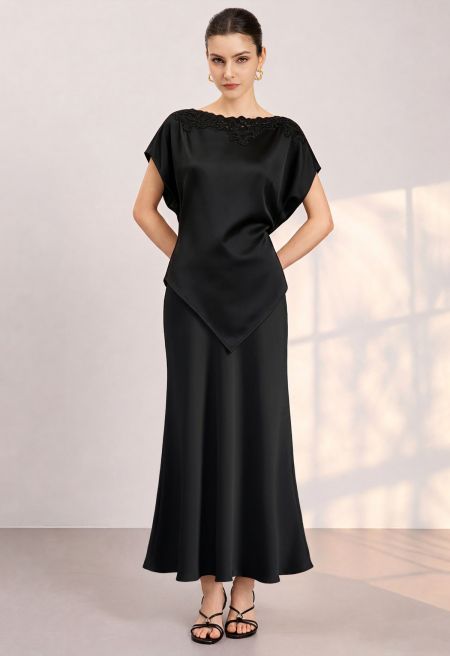 Stylish Satin Flared Maxi Skirt in Black