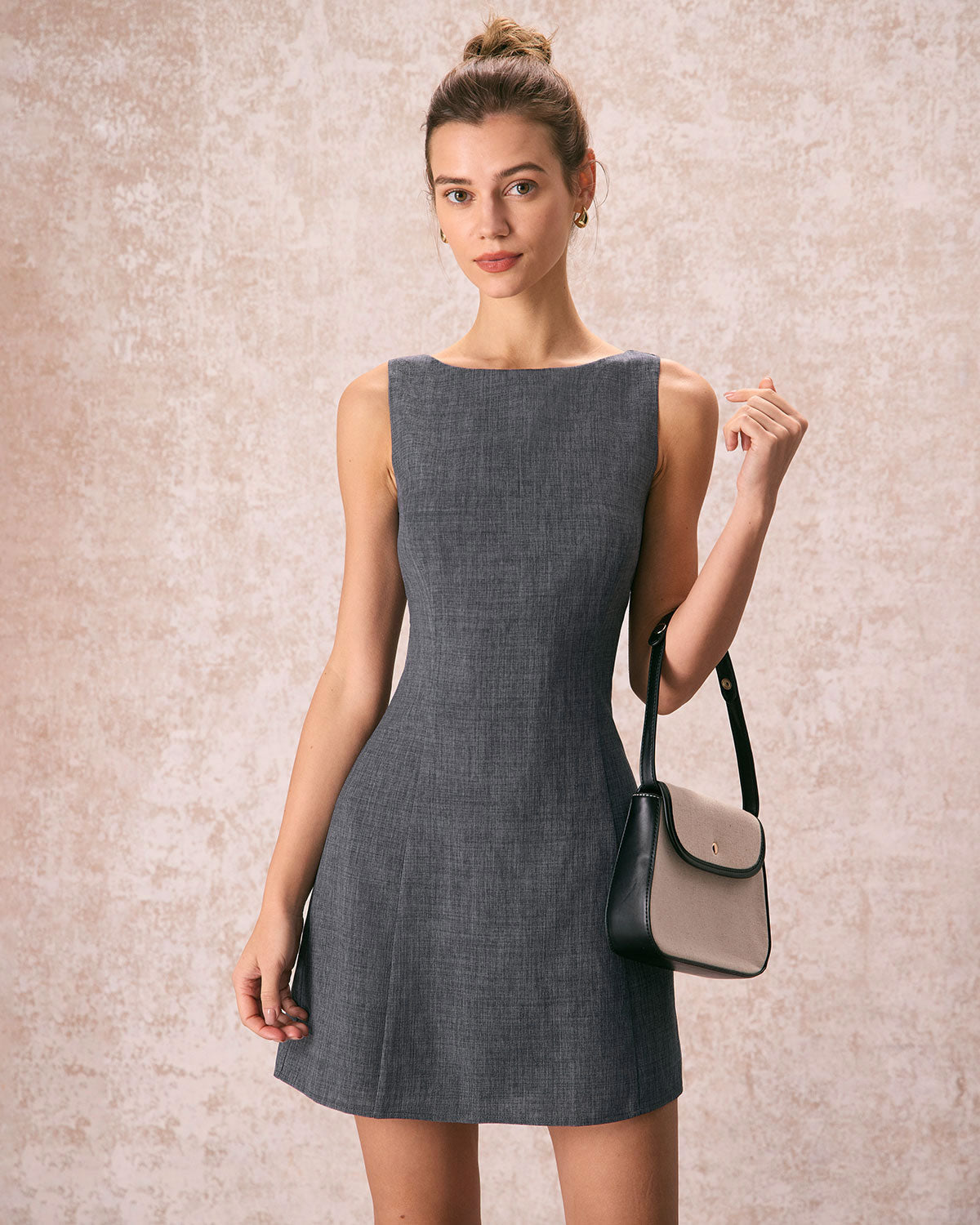Stylish Slate Boat Neck Sleeveless Mini Dress