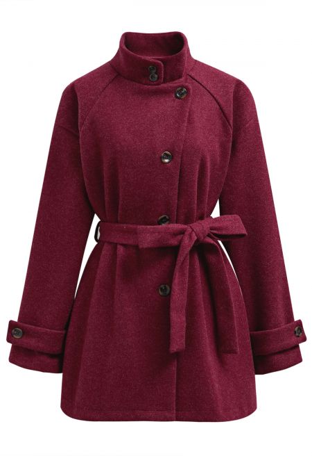 Stylish Collared Tie-Waist Buttoned Coat