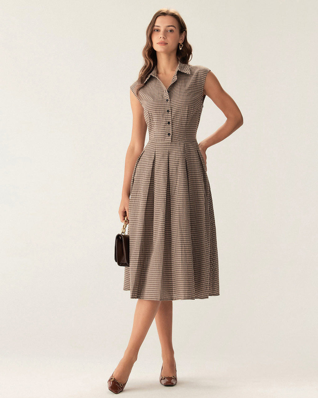 Hazel Plaid Button Chic Pleated Midi Dress