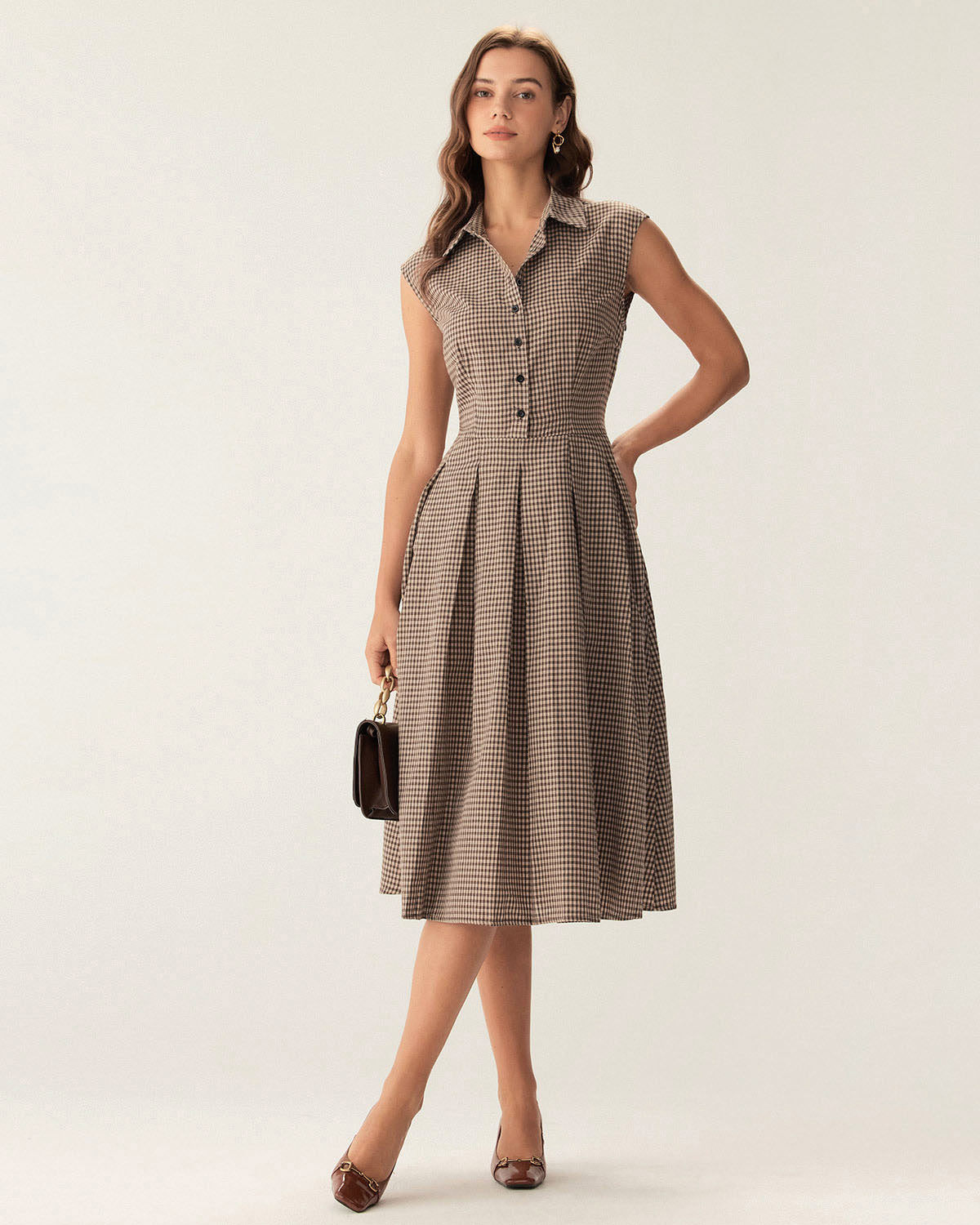 Hazel Plaid Button Chic Pleated Midi Dress