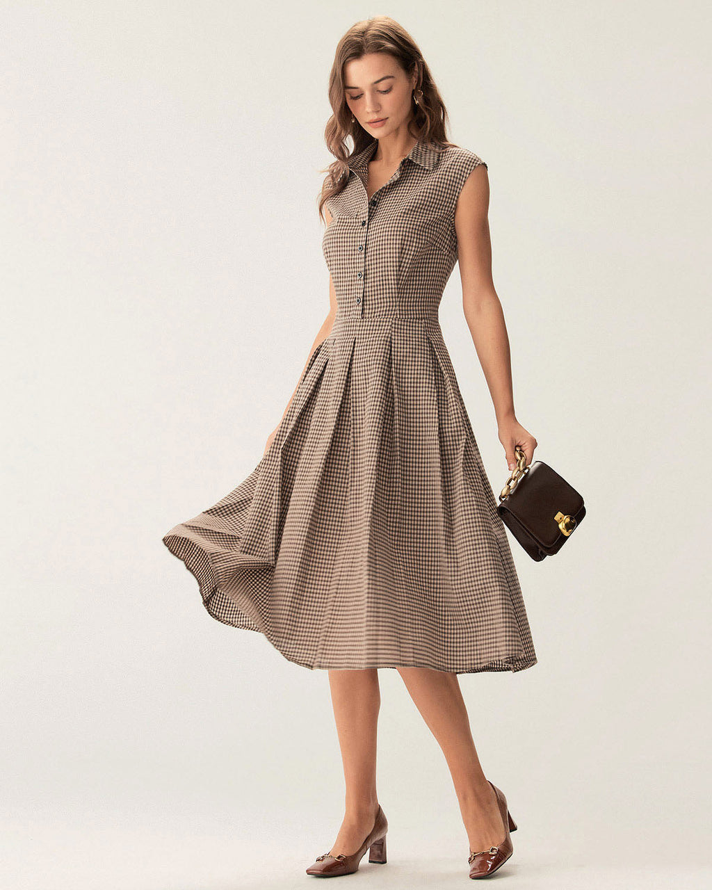 Hazel Plaid Button Chic Pleated Midi Dress