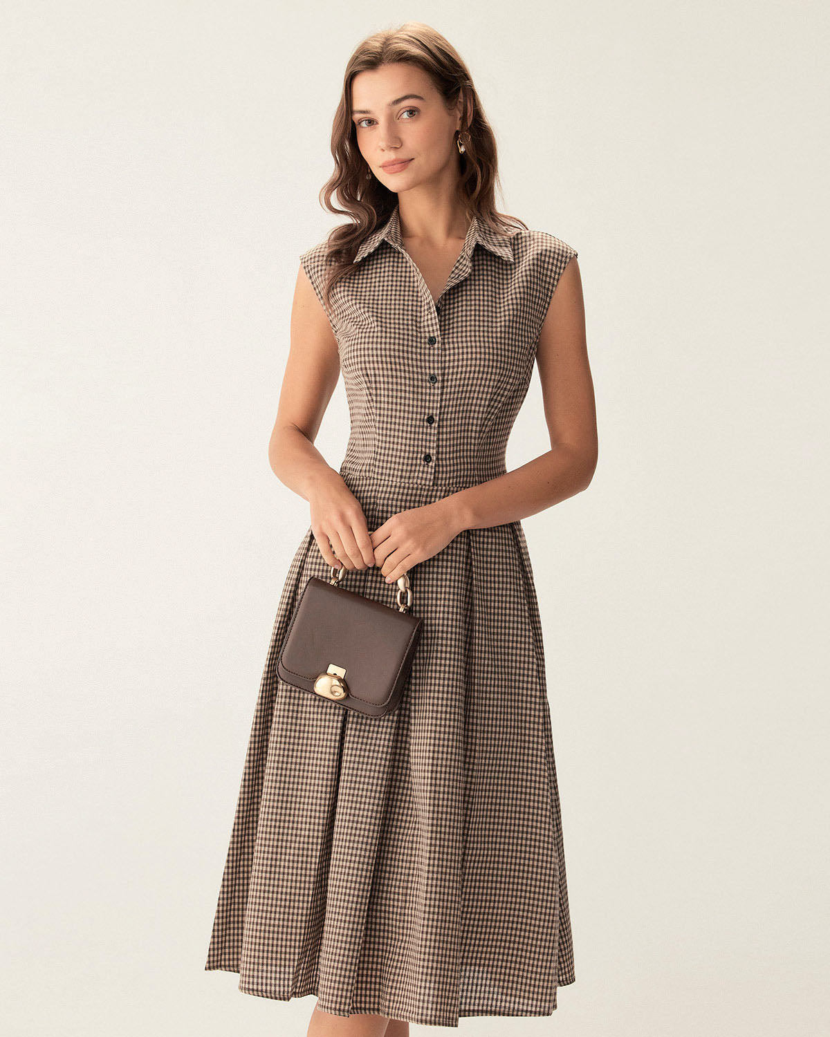 Hazel Plaid Button Chic Pleated Midi Dress