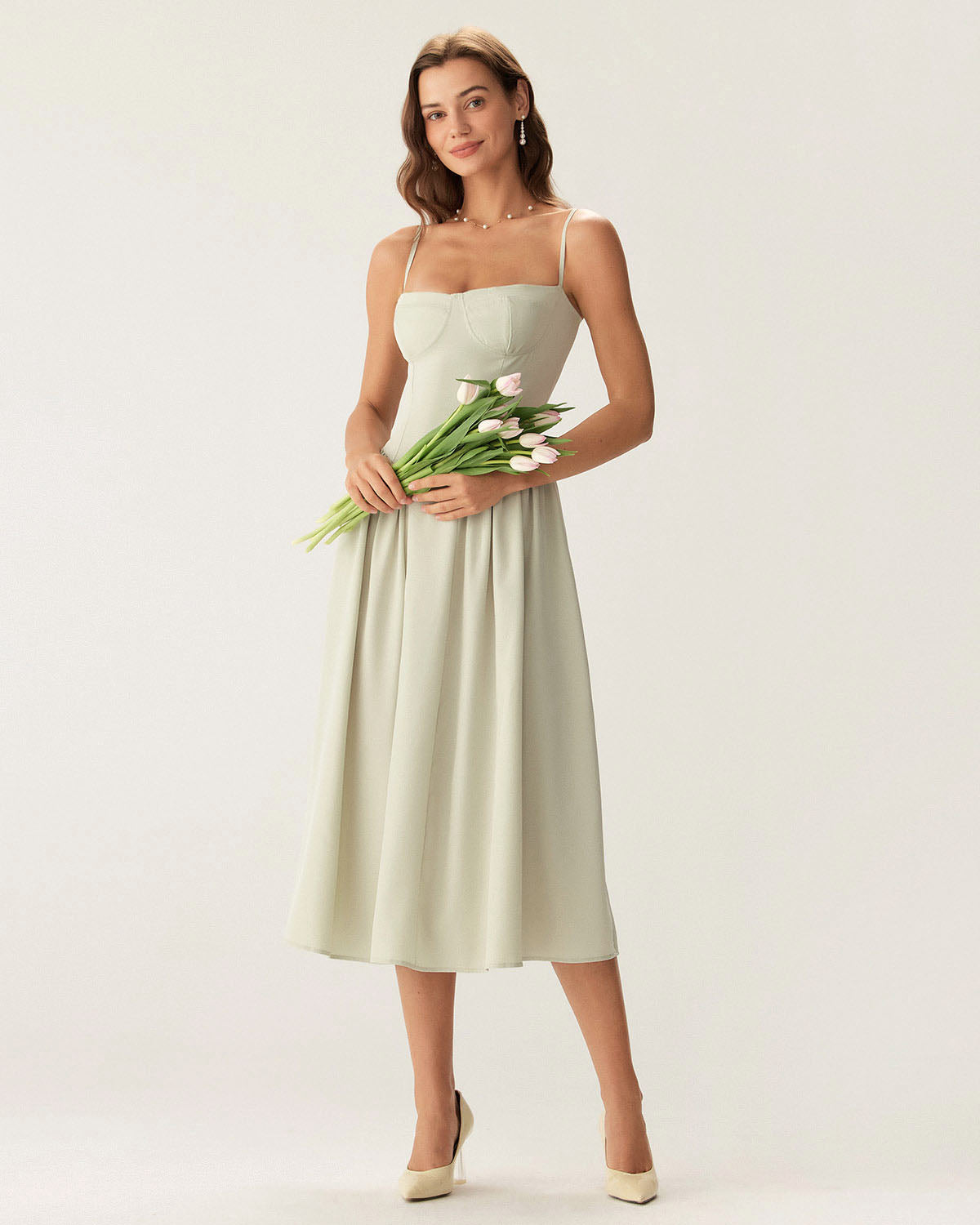 Sage Pocket Square Neck Slip Midi Dress