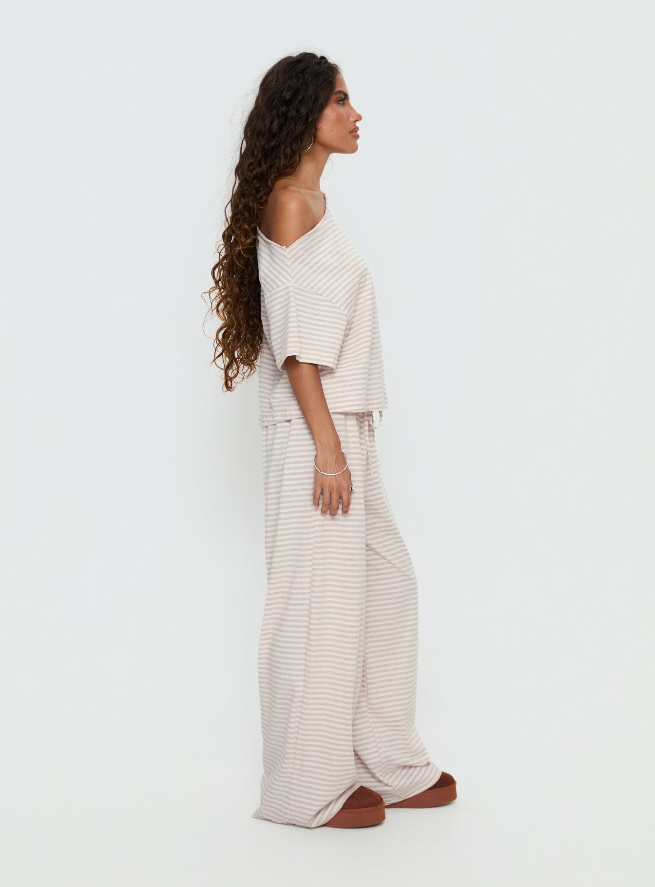 Cozy Off Shoulder Striped Sleepwear Set