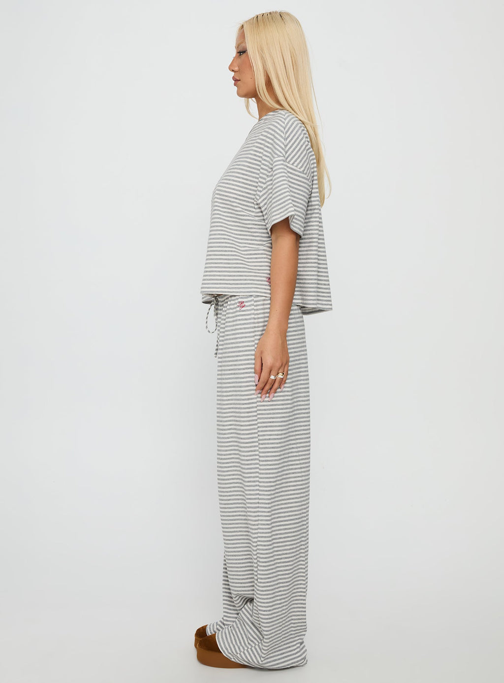 Cozy Off Shoulder Striped Sleepwear Set