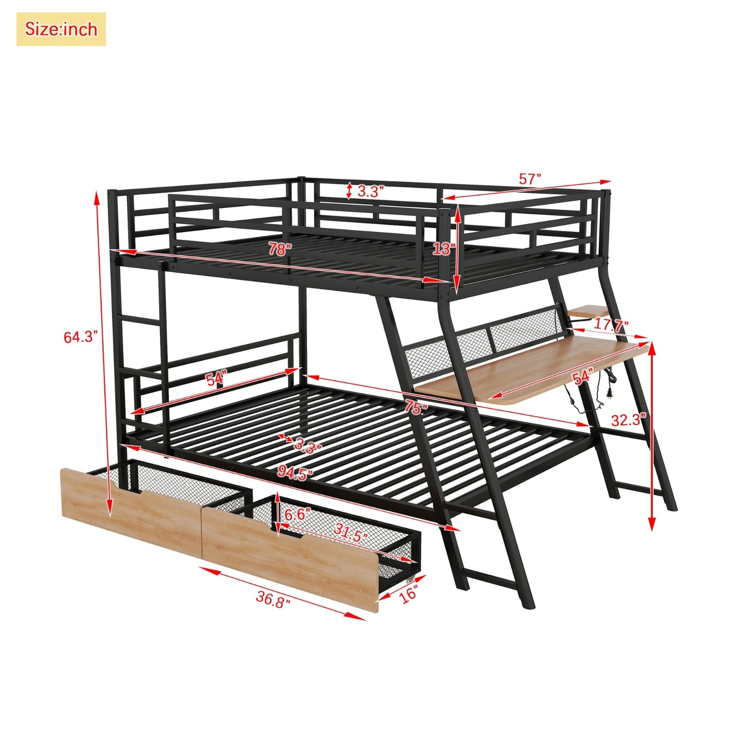 Rover Full Size Bunk Bed With Desk & Storage