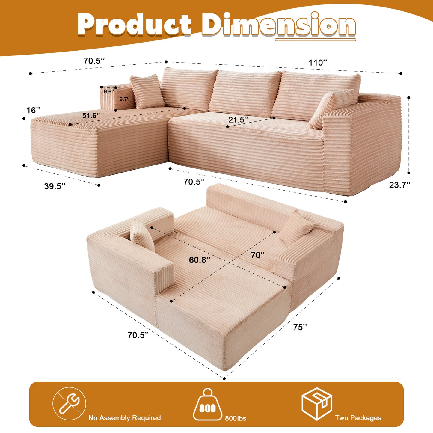 Rove Collections No Assembly L Shaped Couch