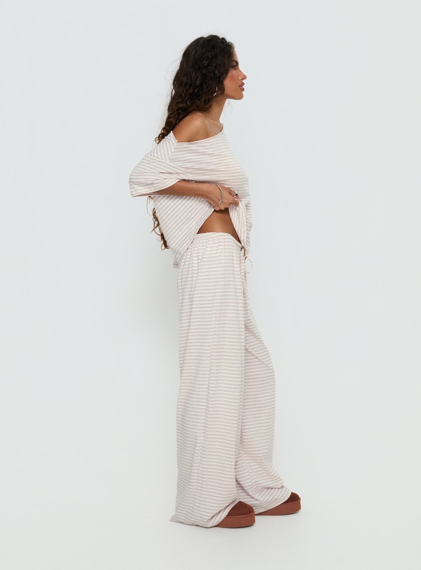 Cozy Off Shoulder Striped Sleepwear Set