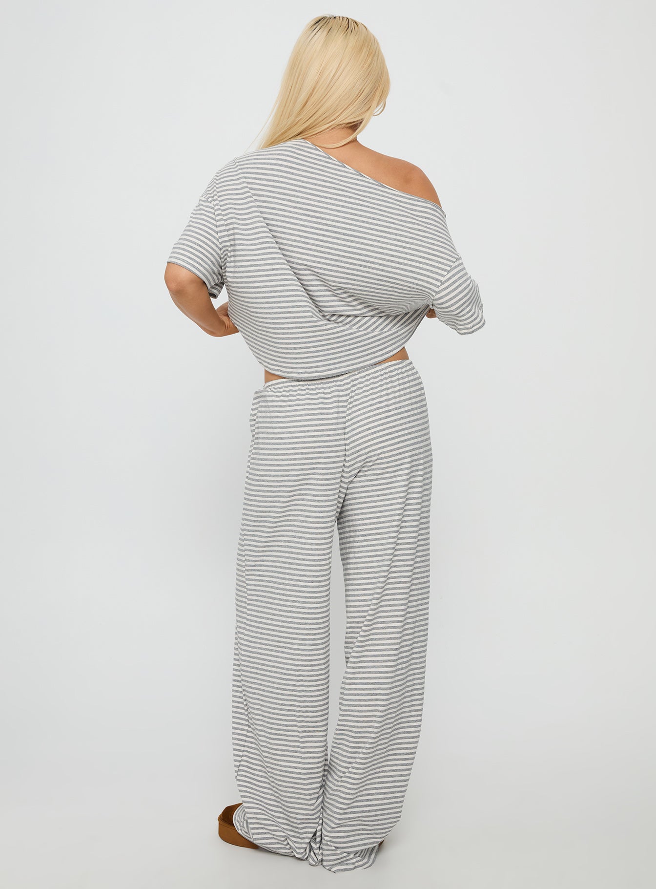 Cozy Off Shoulder Striped Sleepwear Set
