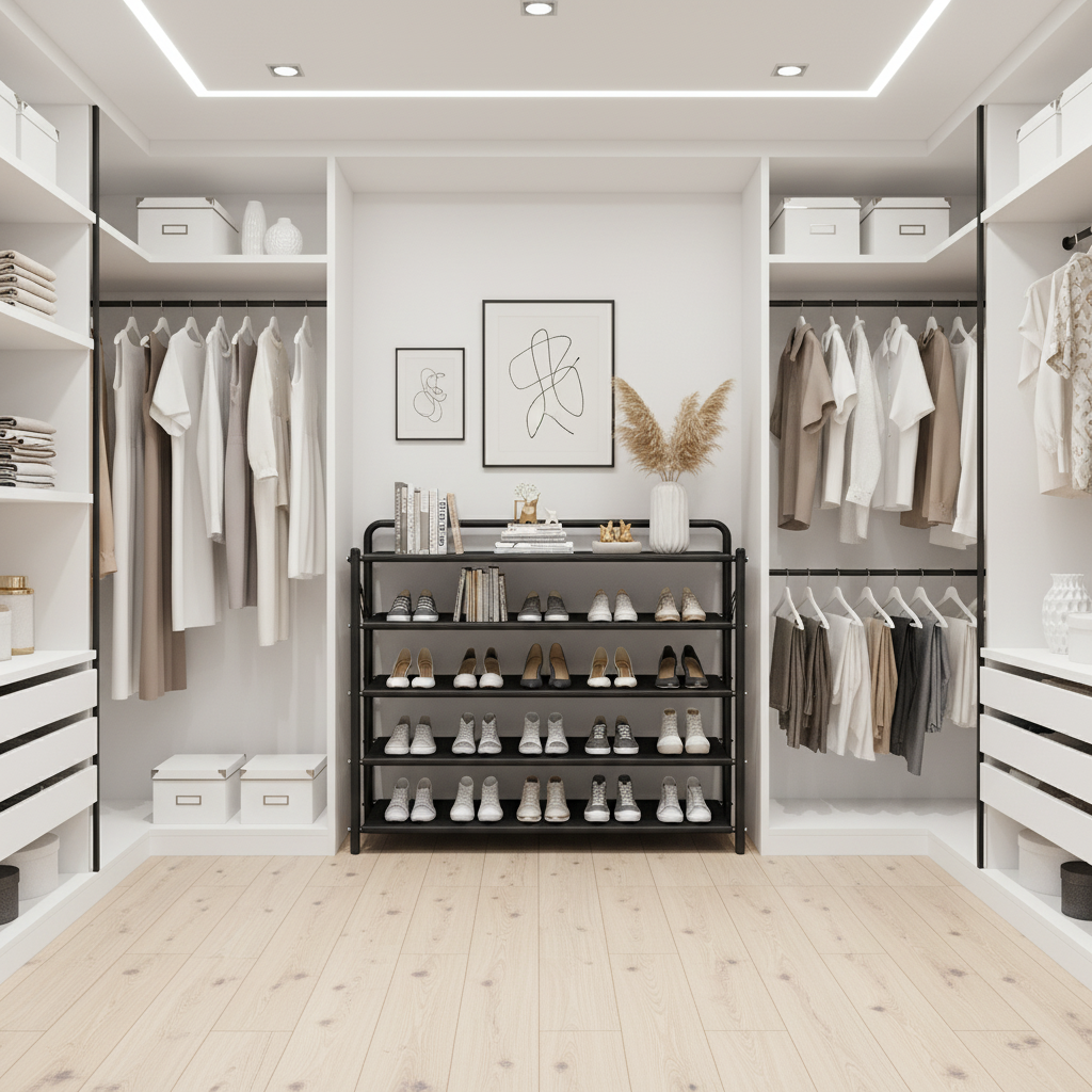 5-layer shoe rack in walk-in closet