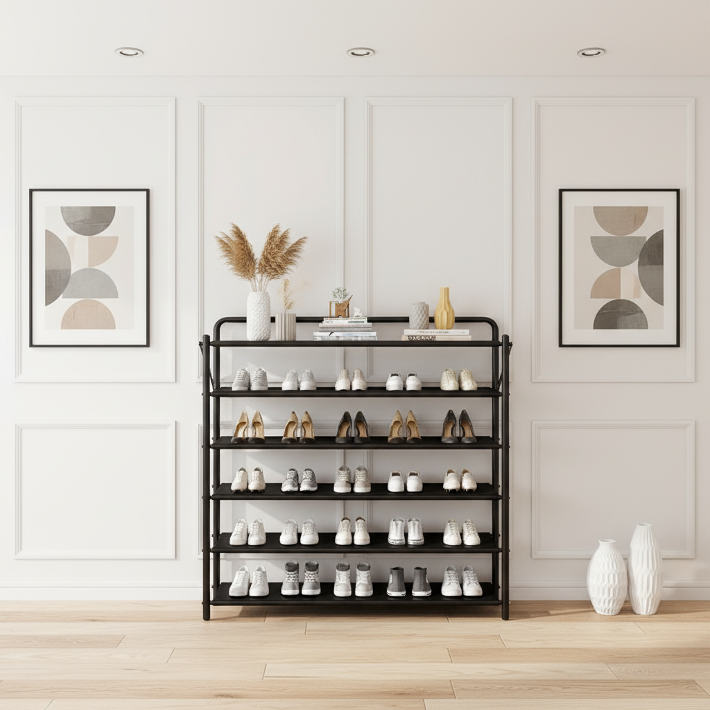 6-layer shoe rack centered with flanking artwork