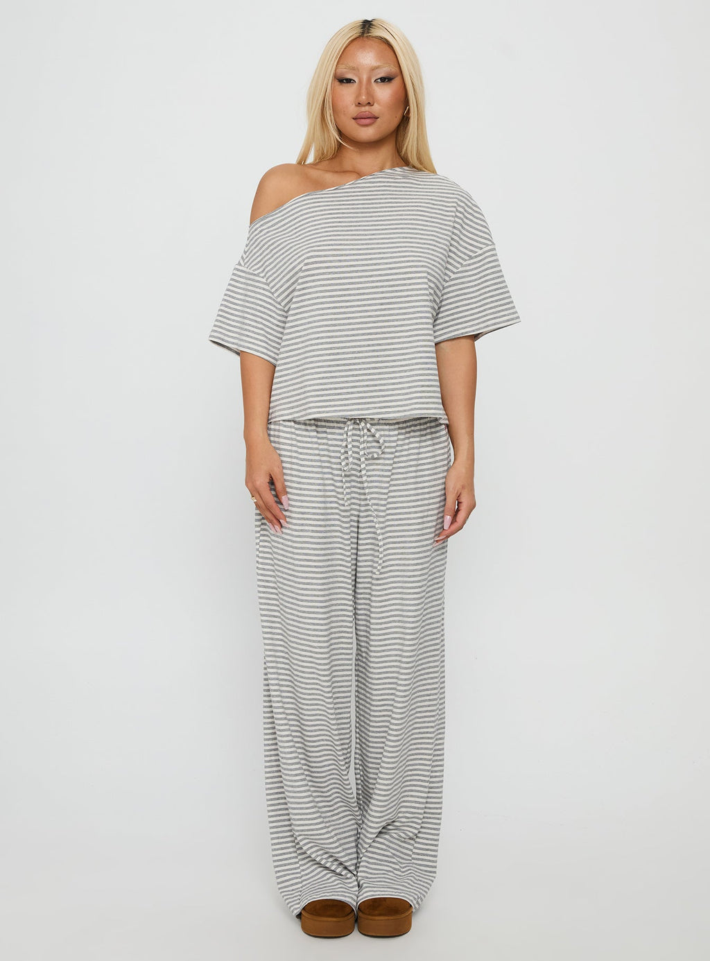 Cozy Off Shoulder Striped Sleepwear Set