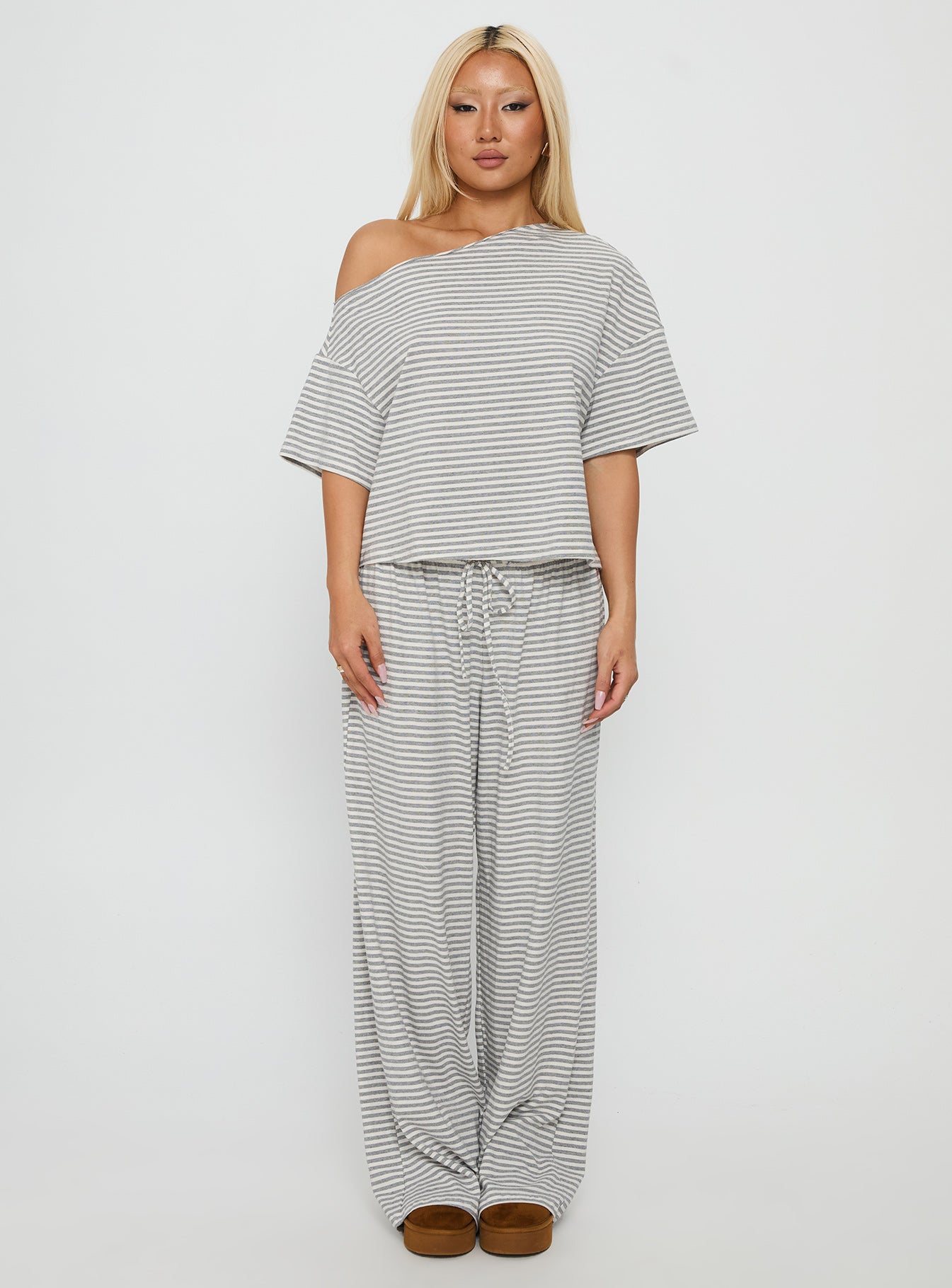 Cozy Off Shoulder Striped Sleepwear Set