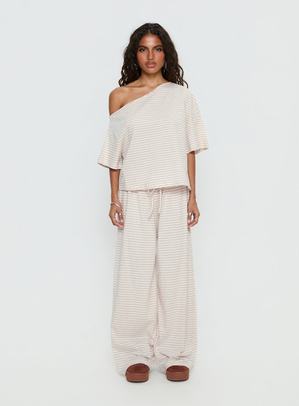 Cozy Off Shoulder Striped Sleepwear Set